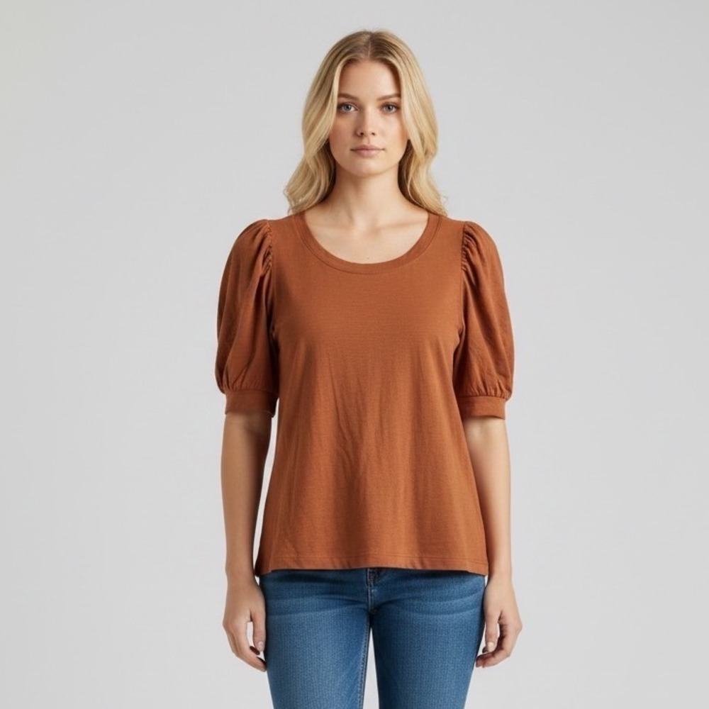 by Anthropologie Rust Orange Puff Sleeve Scoop Neck‎ Cotton Slub Knit Top XS